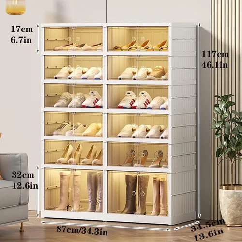 Vista 2 de Organizador plegable para zapatos, almacenamiento de zapatos apilable de 6 niveles con puerta transparente magnética, organizador grande de plástico