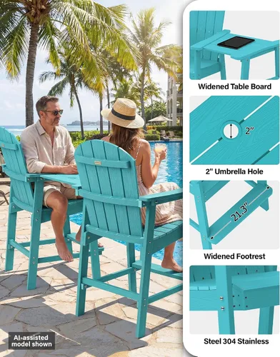 Vista 6 de YEFU Juego de 2 sillas Adirondack altas para balcón, sillas Adirondack de gran tamaño, taburetes de bar ampliados con grano de madera, resistentes a