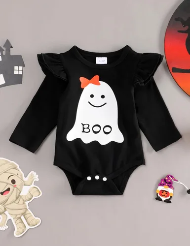 Vista 3 de Conjunto de ropa de Halloween para recién nacido, con volantes, tirantes, calabaza, murciélago, fantasma, falda con diadema