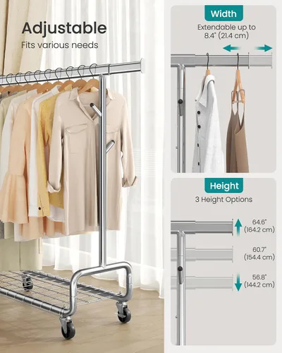 Vista 4 de SONGMICS Perchero de Ropa, Perchero de Ropa Rodante de Servicio Pesado con Ruedas, Barra Colgante Extensible y Altura Ajustable, Portátil, con Plata