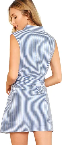 Vista 3 de Romwe Vestido camisero corto a rayas de verano para mujer con cinturón con botones al cuello
