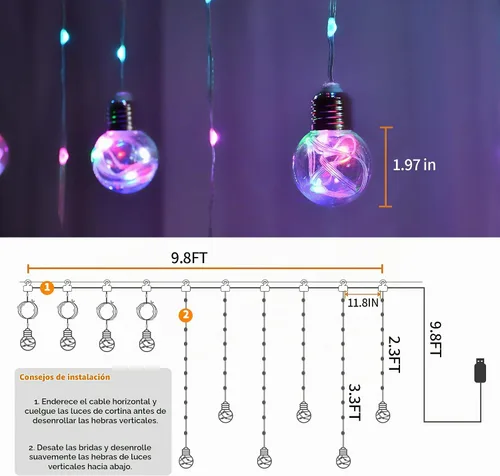 Vista 6 de Luces de Cortina de Bola de Deseos que Cambian de Color, 9.8 x 3.3 Pies, Luz de Hadas LED RGB con Control Remoto por App, Sincronización de Música