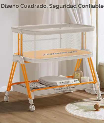 Vista 7 de Fodoss Moisés para bebé con ruedas, bandeja de almacenamiento, malla de 4 lados, 7 alturas ajustables, color beige