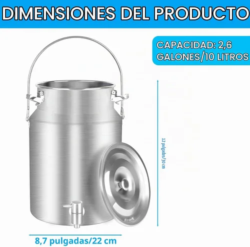 Vista 6 de Cubo de leche de acero inoxidable 304 de 10 litros, cubo de vino con espita de 2.64 galones, jarra de leche con tapa sellada, resistente para leche