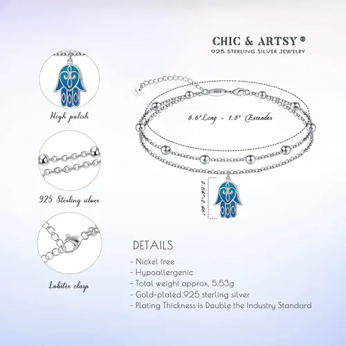 Vista 10 de CHIC & ARTSY Tobilleras delicadas de plata de ley S925 para verano, pulsera de tobillo ajustable multicapa para playa, joyería de pie para mujer