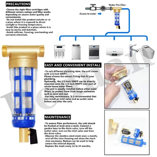 Vista 5 de Beduan Filtro de agua de sedimentos para toda la casa, protector de sistema de prefiltro reutilizable de 50 micrones, rosca macho de 1/2 pulgada