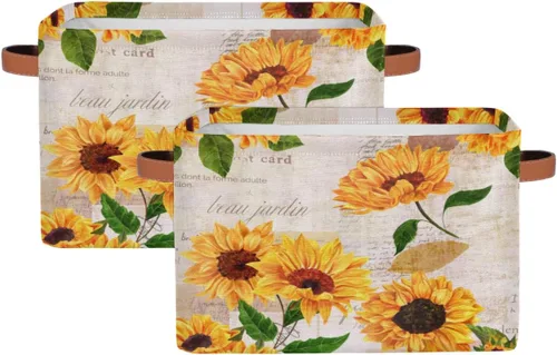 Vista 3 de Cesta de almacenamiento de flores y girasoles, organizador plegable grande para estantes, cubos de lona resistentes con asas para juguetes, armario