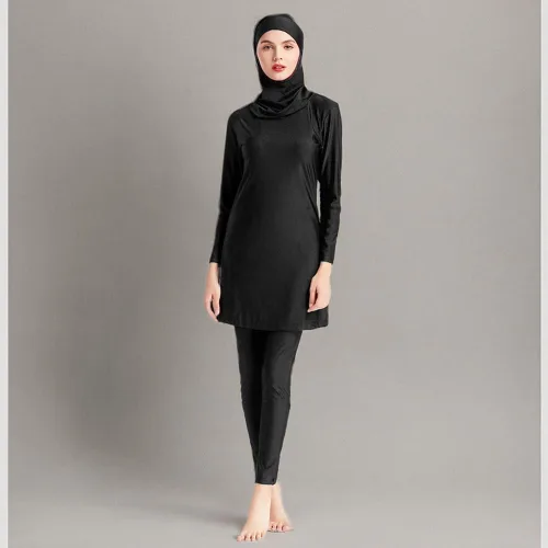 Vista 6 de IMEKIS Mujeres musulmanas burkini trajes de baño modesto traje de baño islámico de manga larga cubierta completa Hijab Swim Top pantalones lisos