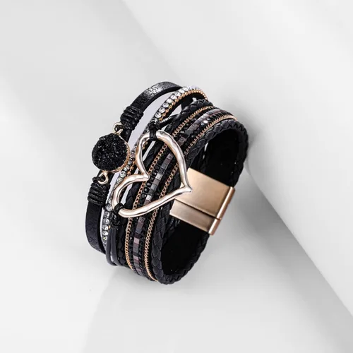 Vista 5 de Long tiantian Pulsera de cuero multicapa con corazón moderno bohemio con cierre magnético y diamantes de imitación para mujer, Cobre, otro