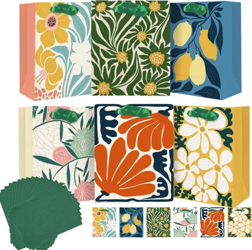 Vista 8 de qiqee 7.9 x 4.3 x 9.6 pulgadas, 6 bolsas de regalo de papel con flores llamativas con asas de papel tisú, bolsas de tamaño mediano
