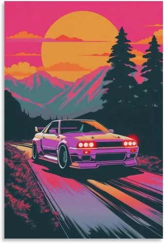 Vista 9 de R32 - Póster retro de Synthwave para automóvil, arte de pared, pósteres e impresiones, pintura colgante para dormitorio, aula, dormitorio, sala