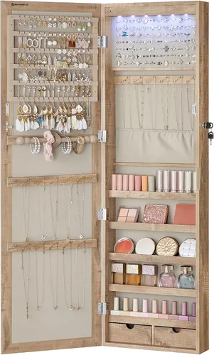 Vista 16 de Songmics - UJJC093B01 - Armario para joyas que se puede cerrar con llave, de montaje en pared o puerta, con espejo de 6 luces LED, para Negro