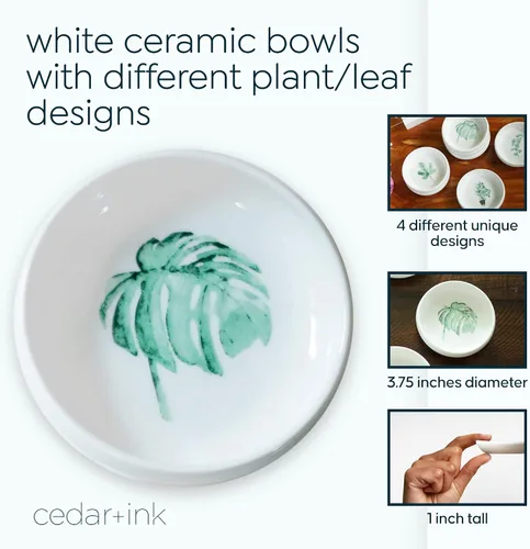 Vista 6 de Juego de 4 platos de cerámica para anillos, soporte para anillos o plato de baratija a granel con diseño decorativo de plantas, decoración de baño