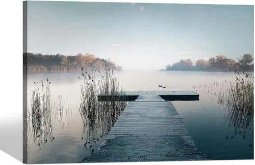 Vista 13 de SD SOFT DANCE - Lienzo de pared con paisaje del lago natural: arte de la naturaleza con escena de atardecer, bosque y montañas, pintura panorámica