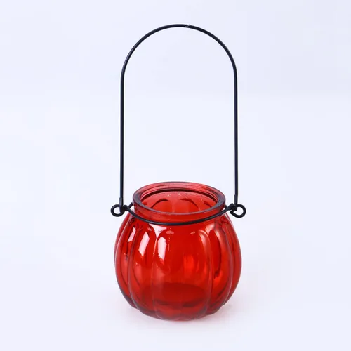 Vista 6 de Portavelas de vidrio para té de vidrio, portavelas votivas, soporte para velas de té de calabaza, candelabros colgantes para festivales, bodas, Rojo