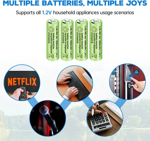 Vista 2 de 12 baterías recargables AA Ni-MH de 1.2 V 1800 mAh para micrófonos inalámbricos, juguetes eléctricos, ratones remotos, calculadoras, maquinillas