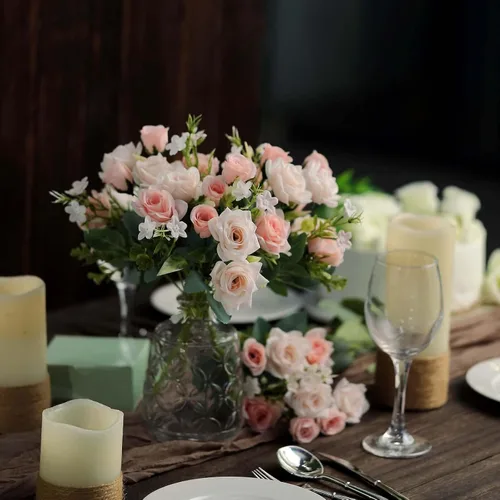 Vista 6 de Tableclothsfactory 4 arbustos Ramo de novia de seda artificial de 12 pulgadas, color oro rosa, flores sintéticas