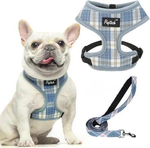 Vista 15 de PUPTECK Juego de arnés y correa de malla suave para perro, cachorro y gato, cómodo chaleco acolchado sin tirones, azul Pascua, S