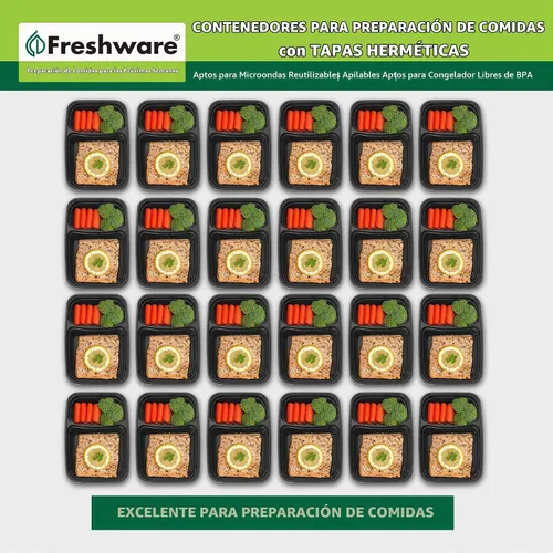 Vista 3 de Freshware Contenedores de preparación de comidas [paquete de 50] 2 compartimentos con tapas, contenedores de almacenamiento de alimentos, caja