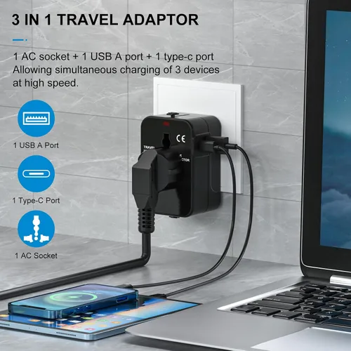 Vista 2 de Adaptador de viaje universal con USB C, HITRENDS Worldwide todo en uno, adaptador de corriente internacional, convertidor de viaje y adaptador