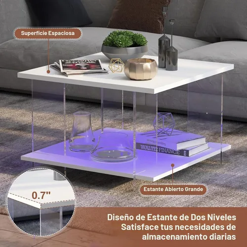 Vista 6 de HedoAjim Mesa de café de 24" de acrílico con tablero de madera blanca, mesa central minimalista y moderna de estilo cuadrado para la sala de estar