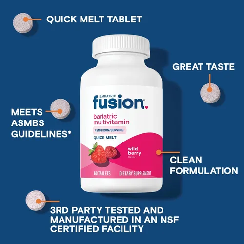 Vista 3 de Bariatric Fusion Multivitamínico bariátrico con hierro Quick Melt Vitaminas sin azúcar para manga gástrica y bypass gástrico Sabor a bayas