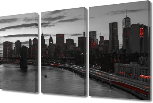 Vista 11 de TUMOVO 3 paneles de paisaje urbano en blanco y negro de Estados Unidos, arte de pared, famoso puente Golden Gate, San Francisco por la noche