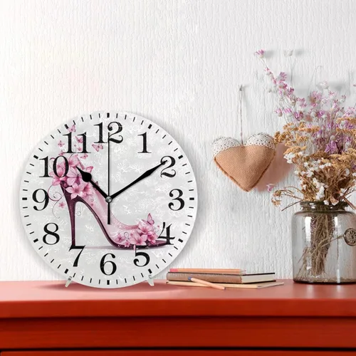 Vista 2 de ALAZA Zapatos de decoración del hogar en tacón alto con mariposa redonda de acrílico 9.84 pulgadas, reloj de pared sin tictac, arte silencioso