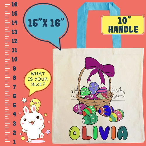 Vista 4 de Bolsas de Pascua personalizadas, regalo para niños con nombre, 3 asas de colores y 6 diseños, bolsas de regalo personalizadas de conejito colorido