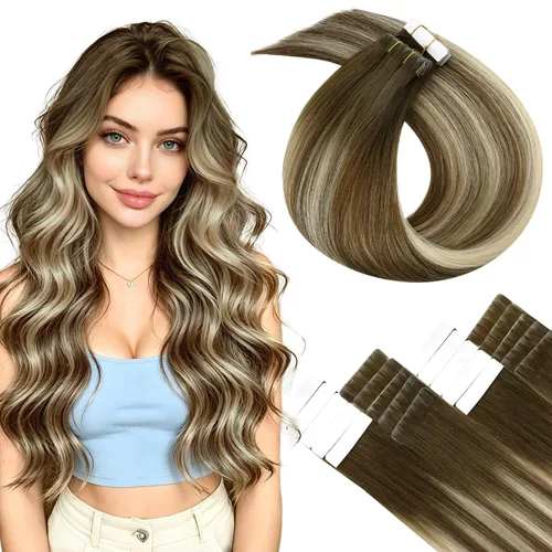 Vista 10 de LaaVoo Extensiones adhesivas de cabello humano real, color negro azabache, extensiones de cabello humano liso y sedoso, 10 pulgadas, 20