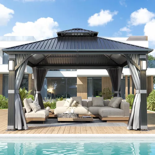 Vista 11 de GARTOO Gazebo de techo rígido para exteriores de 8 x 8 pies con techo doble Negro