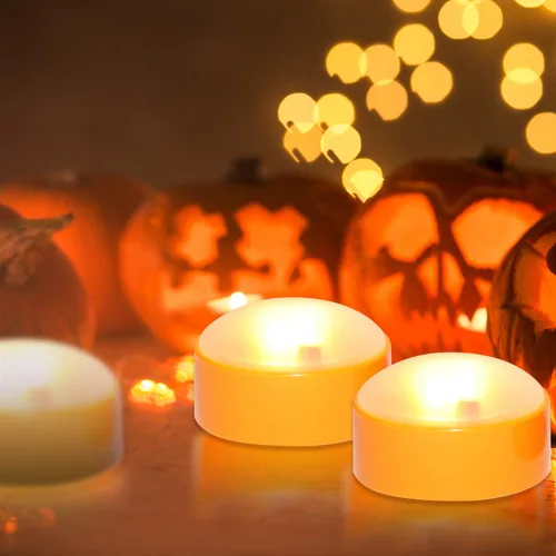 Vista 2 de Paquete de 2 luces LED de calabaza de Halloween con control remoto y temporizador, color naranja, parpadeante, funciona con pilas, velas eléctricas