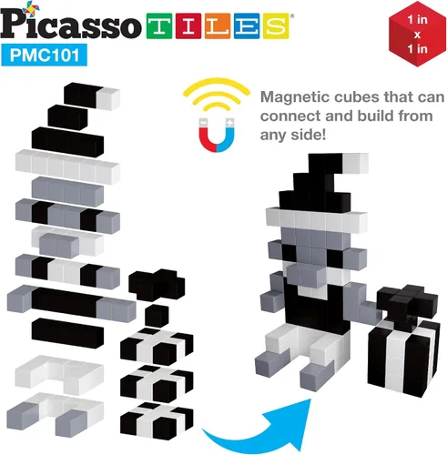 Vista 8 de PicassoTiles Cubo magnético de rompecabezas de 60 piezas + 101 piezas, juego de bloques de construcción con imán en blanco y negro, ideabook gratis
