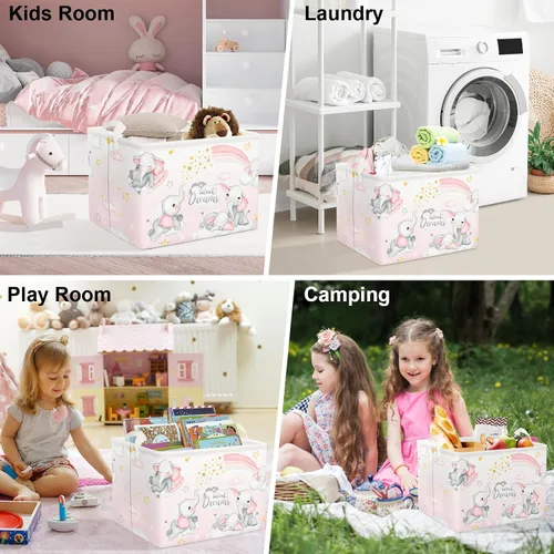Vista 7 de Clastyle Cesta de almacenamiento rectangular de elefantes durmientes, color rosa, arcoíris, para niñas, con nube, luna, baby shower, ropa