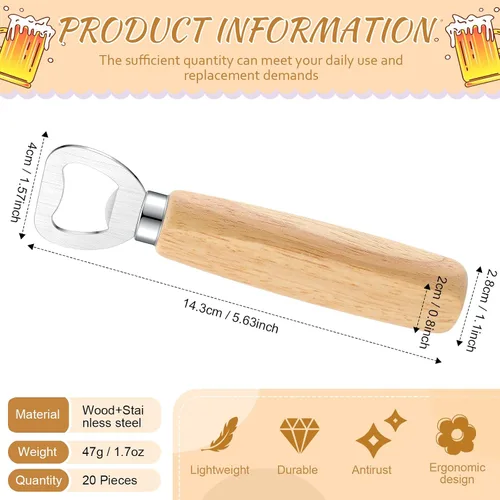 Vista 2 de Abrebotellas de acero inoxidable, 20 piezas, abridor de cerveza de madera, abrebotellas de vino con mango de madera, juego de regalo grabado