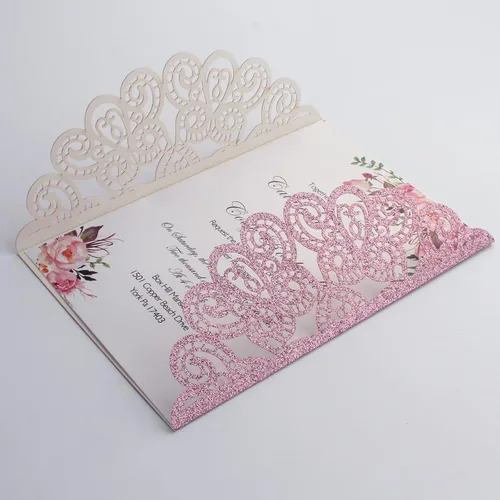 Vista 6 de 50 invitaciones de boda con sobres y tarjetas Rsvp invitaciones de corte láser con purpurina rosa con cintas rosas para invitaciones de compromiso