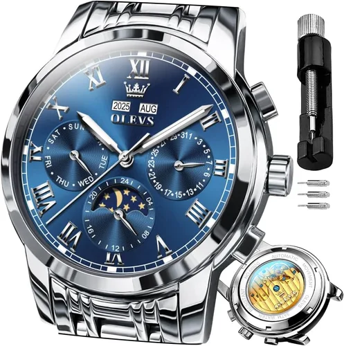 Vista 10 de OLEVS Relojes para hombre automático mecánico de cuerda automática reloj de pulsera multifunción calendario impermeable luminoso
