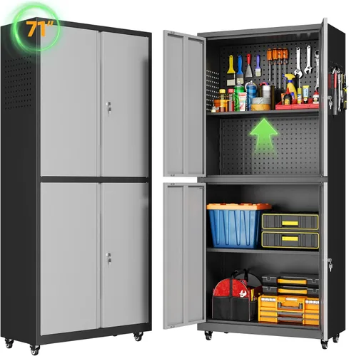 Vista 12 de Metal Garage Cabinet with 4 Wheels,4 Door Black Metal Storage with Lock,71" H Tool Storage Cabinets with Adjustable Shelves for Utility Negro