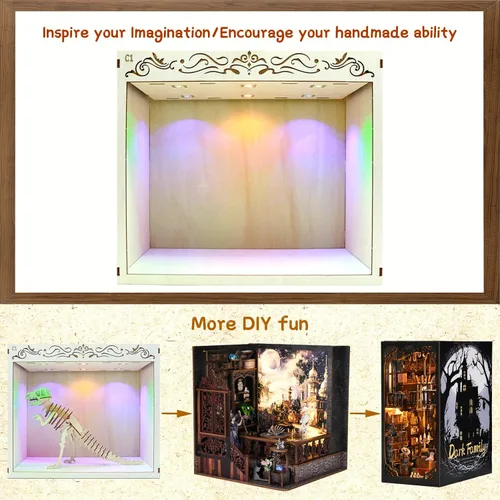 Vista 6 de Kit de Rincón de Libros, Sujetalibros Simple Booknook, Kit de Casa de Muñecas en Miniatura para Principiantes, Modelo de Rompecabezas 3D DIY con Luz