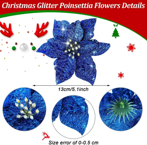 Vista 2 de Syhood 30 Piezas Flores de Pascua con Purpurina de 5.1 Pulgadas Adornos para Árbol de Navidad Flores de Pascua Artificiales para Boda Flores