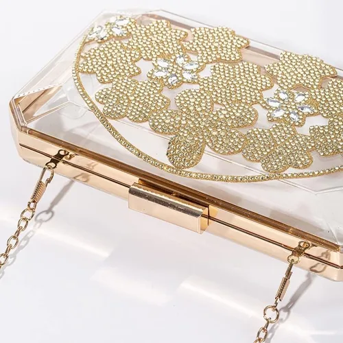 Vista 4 de ZLXDP - Bolso de mano de noche para mujer, diseño de flores doradas, carteras de boda, acrílico para fiesta, cena, con bolsas de hombro transparentes