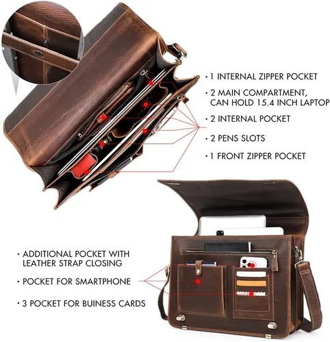 Vista 5 de CONTACTS Bolsa de mensajero para hombre, grande, de 15.4 pulgadas, maletín de cuero de caballo loco, bolsa para laptop, bolso cruzado vintage
