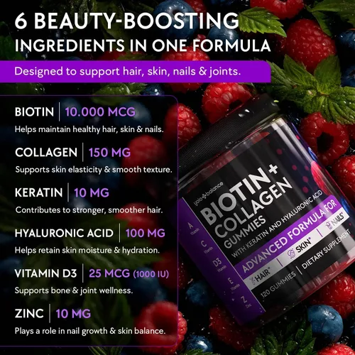 Vista 3 de Gomitas de biotina de 10 000 mcg para el crecimiento del cabello - Multi-colágeno sin azúcar con queratina, sílice y ácido hialurónico - A base