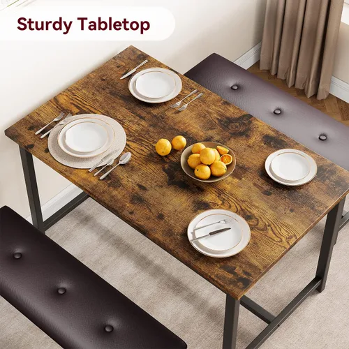 Vista 4 de IDEALHOUSE Juego de mesa de comedor de 3 piezas, mesa de cocina y bancos para 4, juego de mesa de comedor rectangular con 2 bancos tapizados, juego