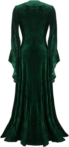 Vista 3 de SHOPESSA Disfraz de Halloween para mujer, vestido medieval de terciopelo, manga acampanada, longitud hasta el suelo, vestido renacentista del siglo