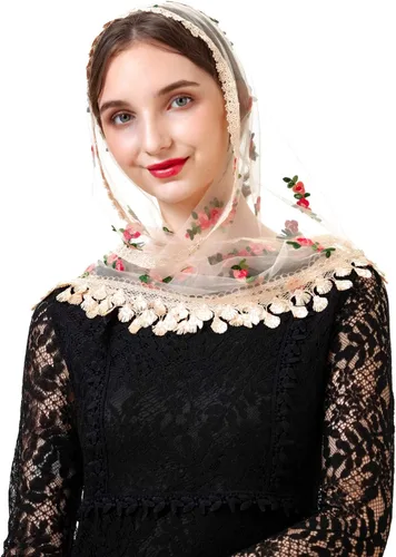 Vista 6 de PAMOR Triángulo pequeña flor capilla velos bordados bufanda mantón latino masa cabeza cubierta Mantilla velo para iglesia