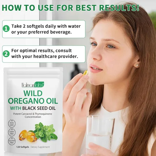Vista 6 de Cápsulas de aceite de orégano, aceite de orégano 2 en 1 con aceite de semilla negra, cápsulas de suplemento de aceite de orégano, aceite orgánico