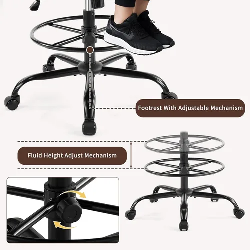 Vista 5 de Karlhome - Silla ergonómica de dibujo con soporte lumbar y reposabrazos abatibles, silla de oficina giratoria alta con anillo reposapiés de altura