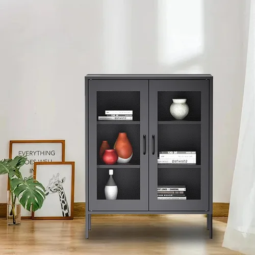 Vista 10 de Gabinete de almacenamiento de metal ancho negro, gabinete de acento de 2 puertas para el hogar y la oficina, gabinete de metal bajo de 2 niveles