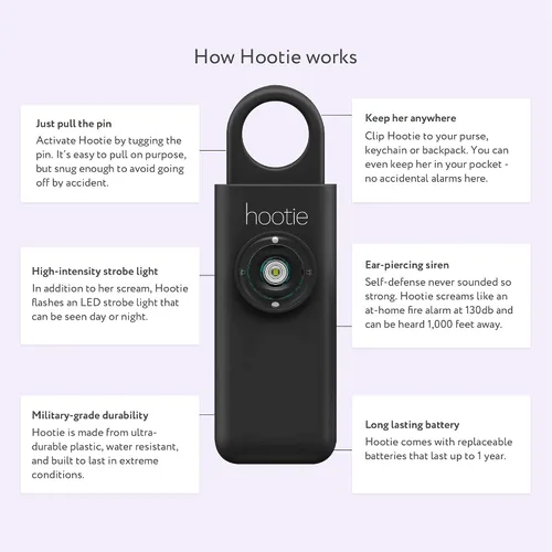 Vista 4 de Hootie Llavero de alarma personal para mujeres, hombres y niños, sirena de seguridad de mano, menta, blanco, lavanda y negro (paquete de 8)